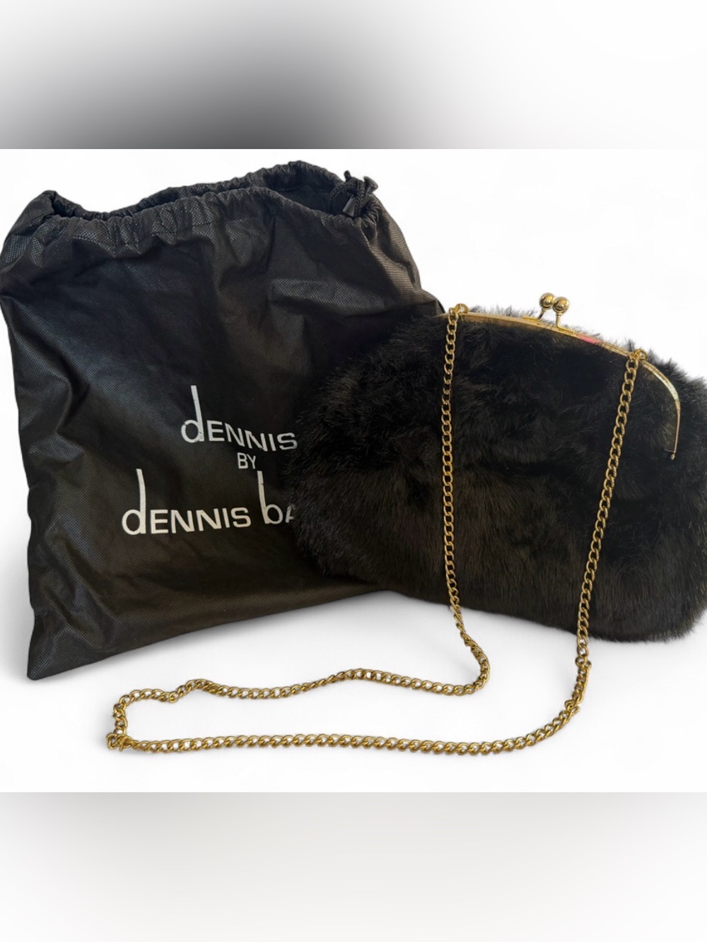 Dennis Basso Black Faux Fur Muff Clutch Crossbody Bag Purse Gold Chain Kiss Lock